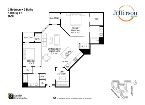 Floor plan for 2 beds, 2 baths, 1340 sqft